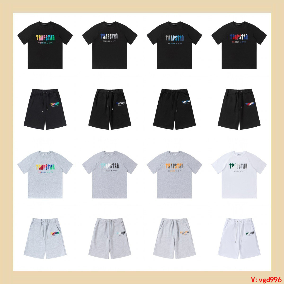 Cross-border foreign trade Trapstar rainbow letters gradient towel embroidery short sleeve T-shirt fog high street short pants suit