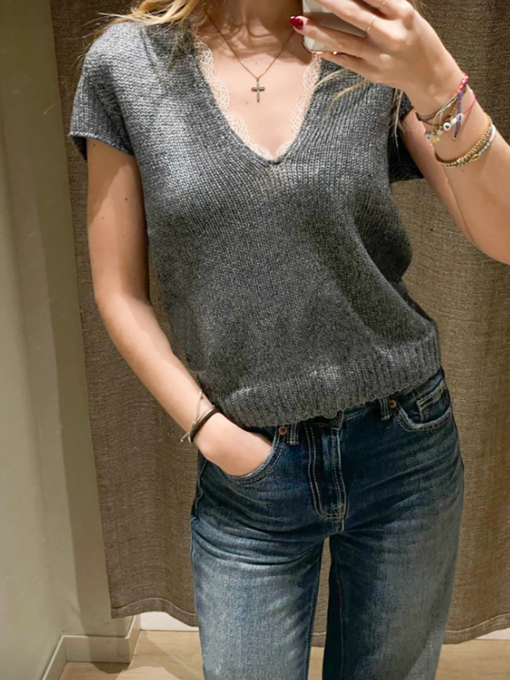 Md26 Spring and Summer New Short-Sleeved Knitwear French Ballet Style Lace Splicing V-Neck Women's Top 05607508809
