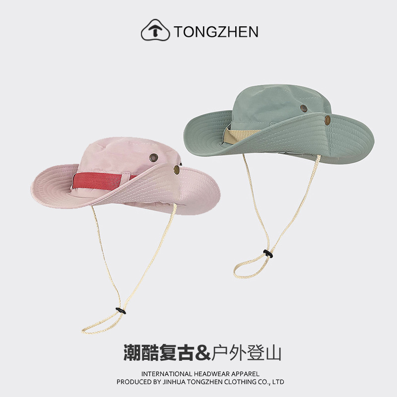Japanese Style Trendy Brand Drawstring Fisherman Hat for Men and Women Summer Travel Breathable Fishing Mountaineering Sunscreen Hat Western Cowboy Hat