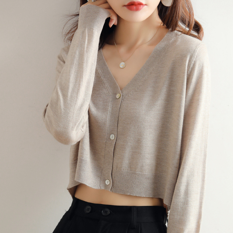 Knitted Knitwear Women's Short Cardigan 2024 Spring & Fall New Thin Long-Sleeved Sun Protection Air-Conditioning Shirt Exposed Navel Wool Small Outwear