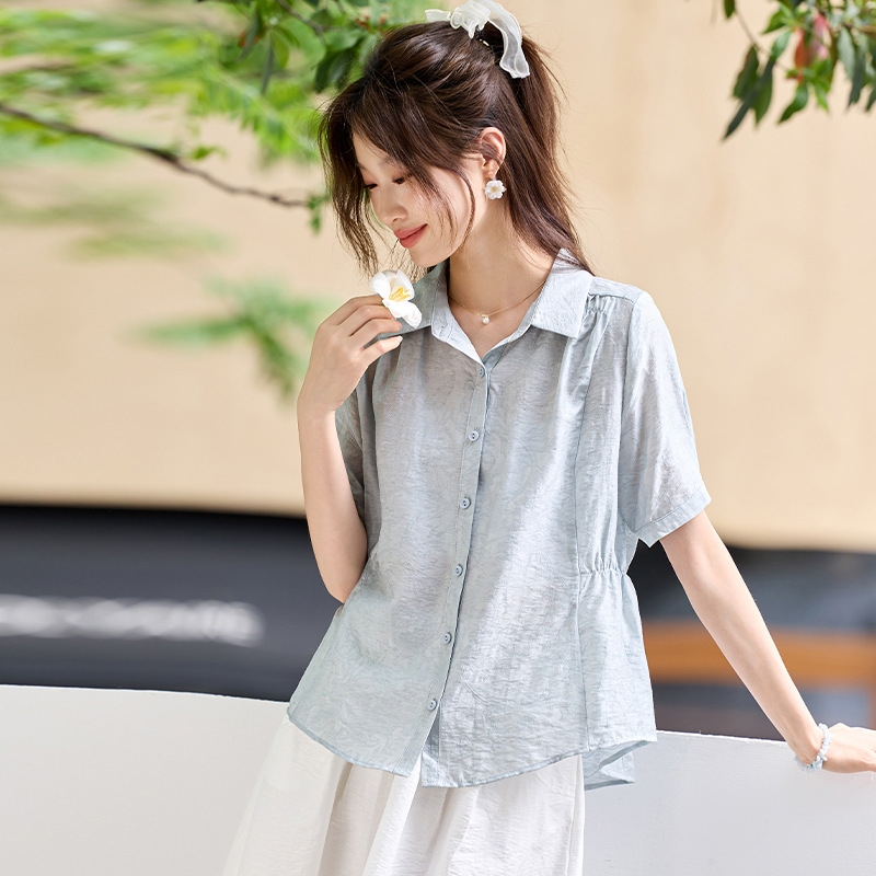2025 Summer New Sweet Style Gentle Women's Shirt Design Sense Loose Top Tencel Short-sleeved Waist Shirt