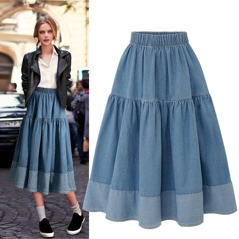 European and American Plus-Size Spring Clothing 2026 Plus-Size Elastic Waist Casual Versatile Skirt with Spliced Denim Hem Cross-Border Women's Fashion