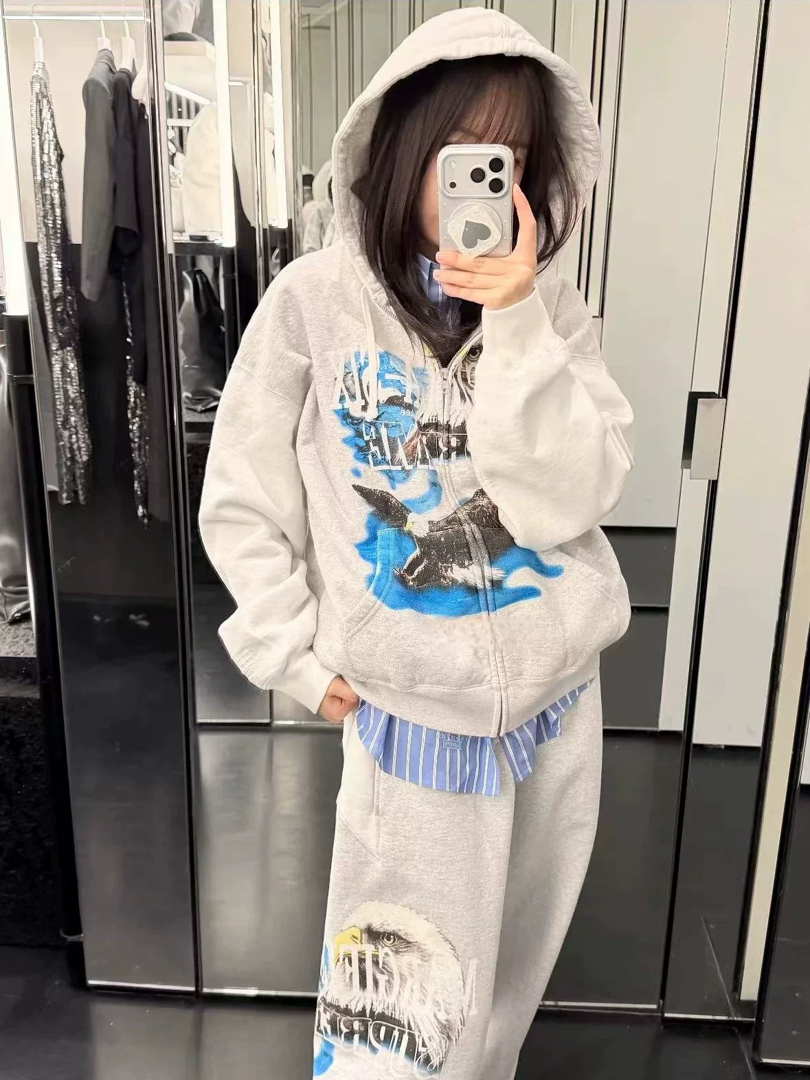 Original 26Ss Eagle Zip up Hooded Sweatshirt with Eagle Pattern Print and Zipper