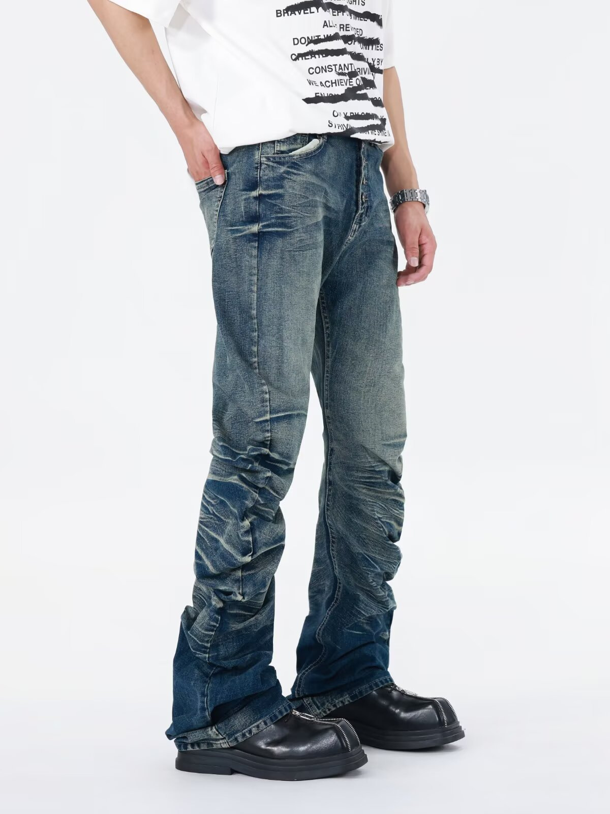Vintage Buttoned Pleated Scissor-Cut Jeans for Men and Women, Loose Straight-Leg Washed Crackle Design Drapey Stacked Pants