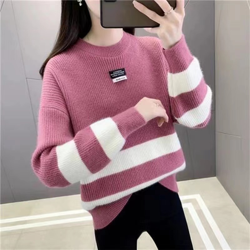 2023 autumn and winter New pullover water plush sweater women's round neck striped loose sweater inner bottoming top