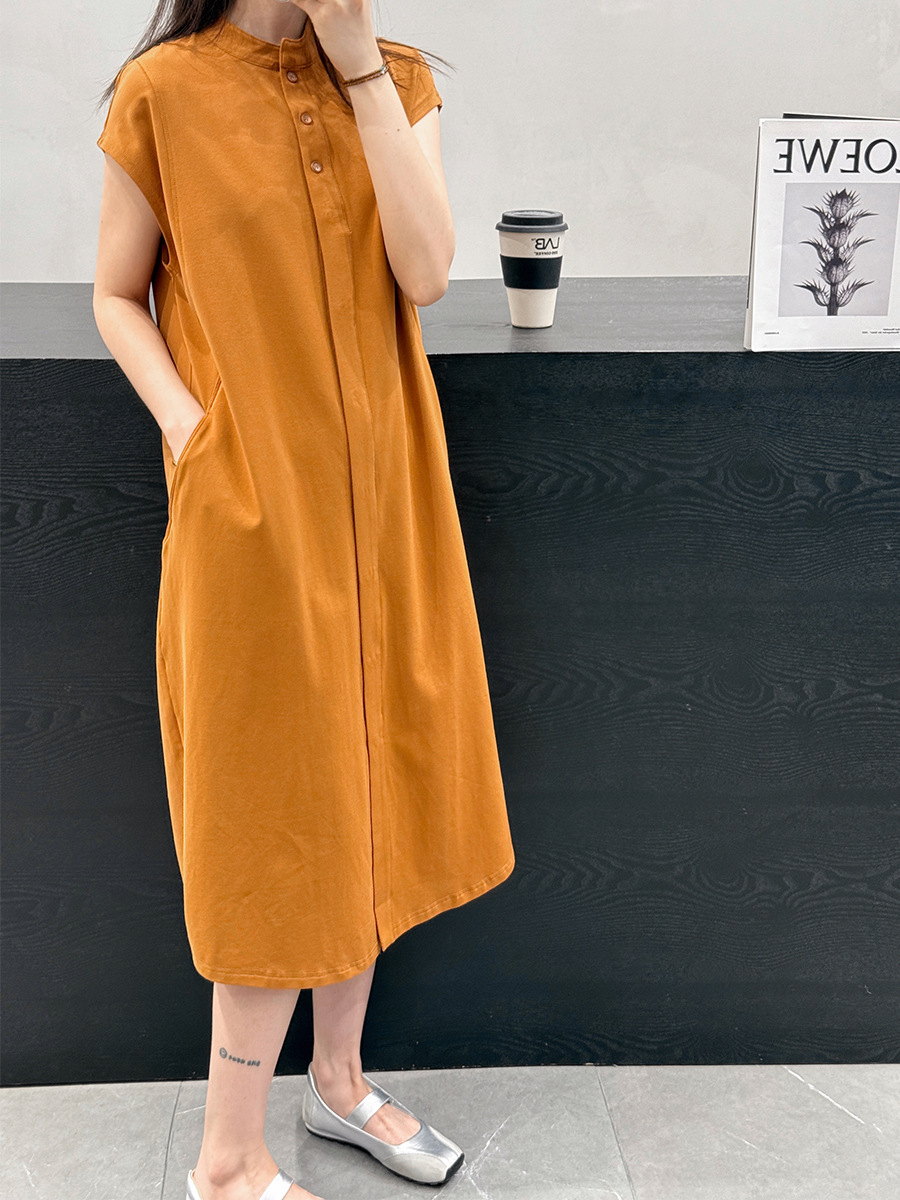 Plus Stand Collar Sleeveless Dress 25 Summer New Loose Needle Elastic Woven Cocoon Mid-Length Long Skirt