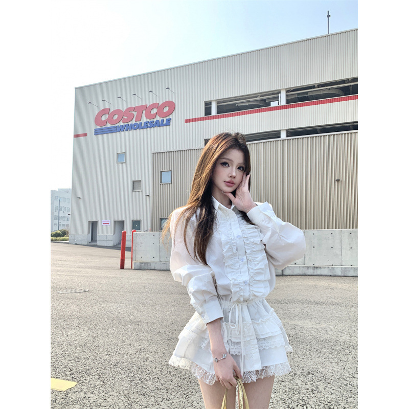Cross-Border Niche Ruffled Lace Patchwork Shirt Dress 2026 Spring New Korean Style Pleated Tiered Dress for Women