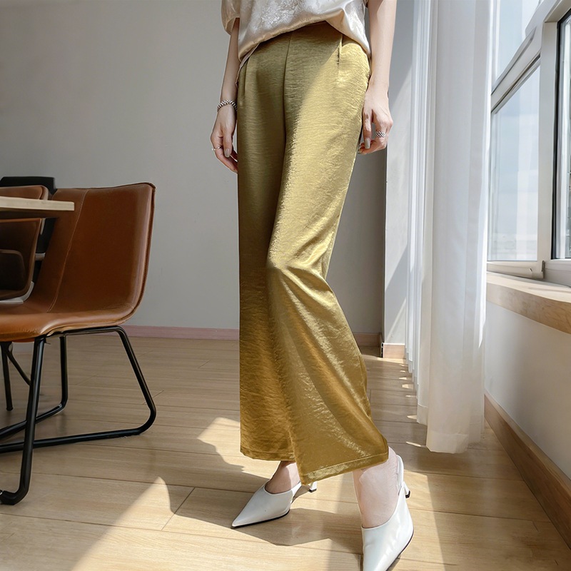 Satin Summer Chinese Style Pants for Women New Thin Acetate Casual Straight Pants Wide Leg Pants