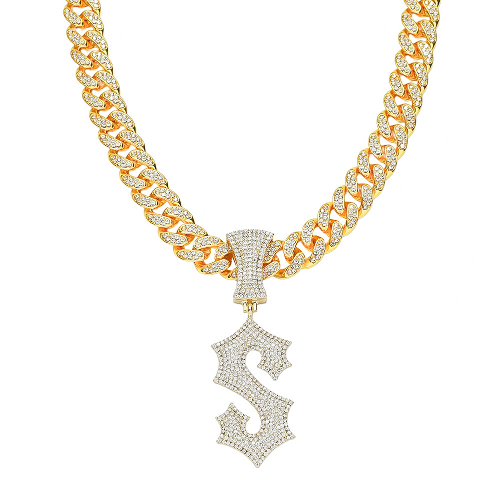 European and American Hip Hop Style Full Diamond Cuban Chain English Letter S Pendant Personality Necklace Men's Fashionable Nightclub Necklace