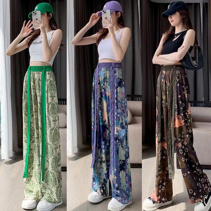 2026 New Women's Wide-Leg Pants for Summer, High-Waisted with Printed Design, Loose Fit with a Draping Feel, Versatile Tie-Dye Floor-Length Pants with Ribbons