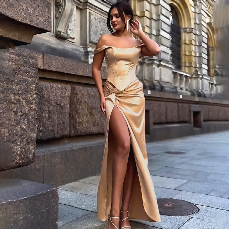 European and American Cross-Border Summer 2026 New Women's Fashion European and American Style Twist Knot Dress with Slit Satin Long Dress