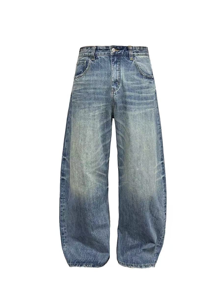 American Retro Distressed Scimitar Jeans for Men and Women, Niche Design Vintage Loose Straight Pants Trendy Brand