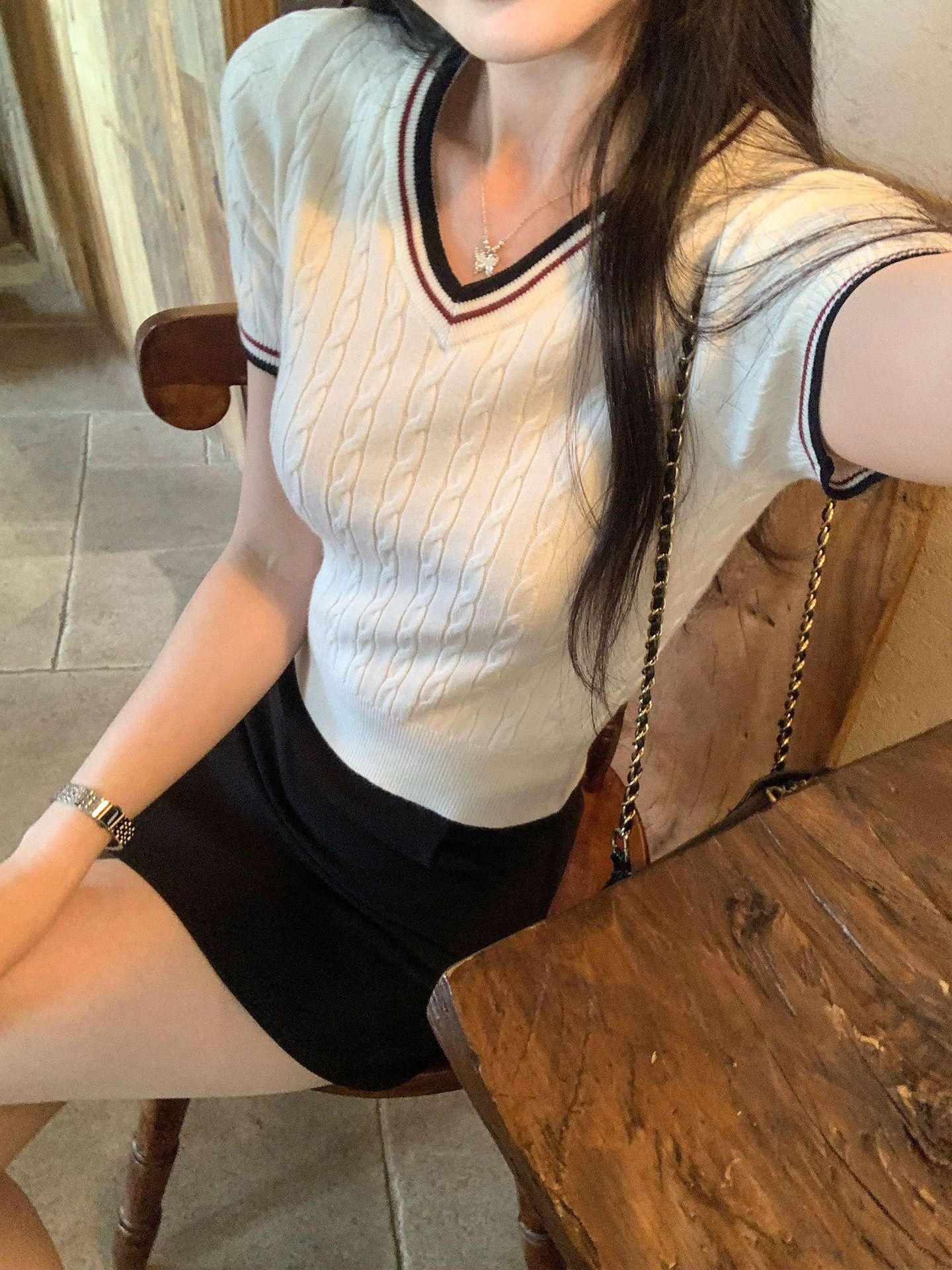 Sweet V-Neck Cable Knit Short-Sleeve Sweater for Women, Summer College Style Slim-Fit Striped Color-Block T-Shirt Trendy Top