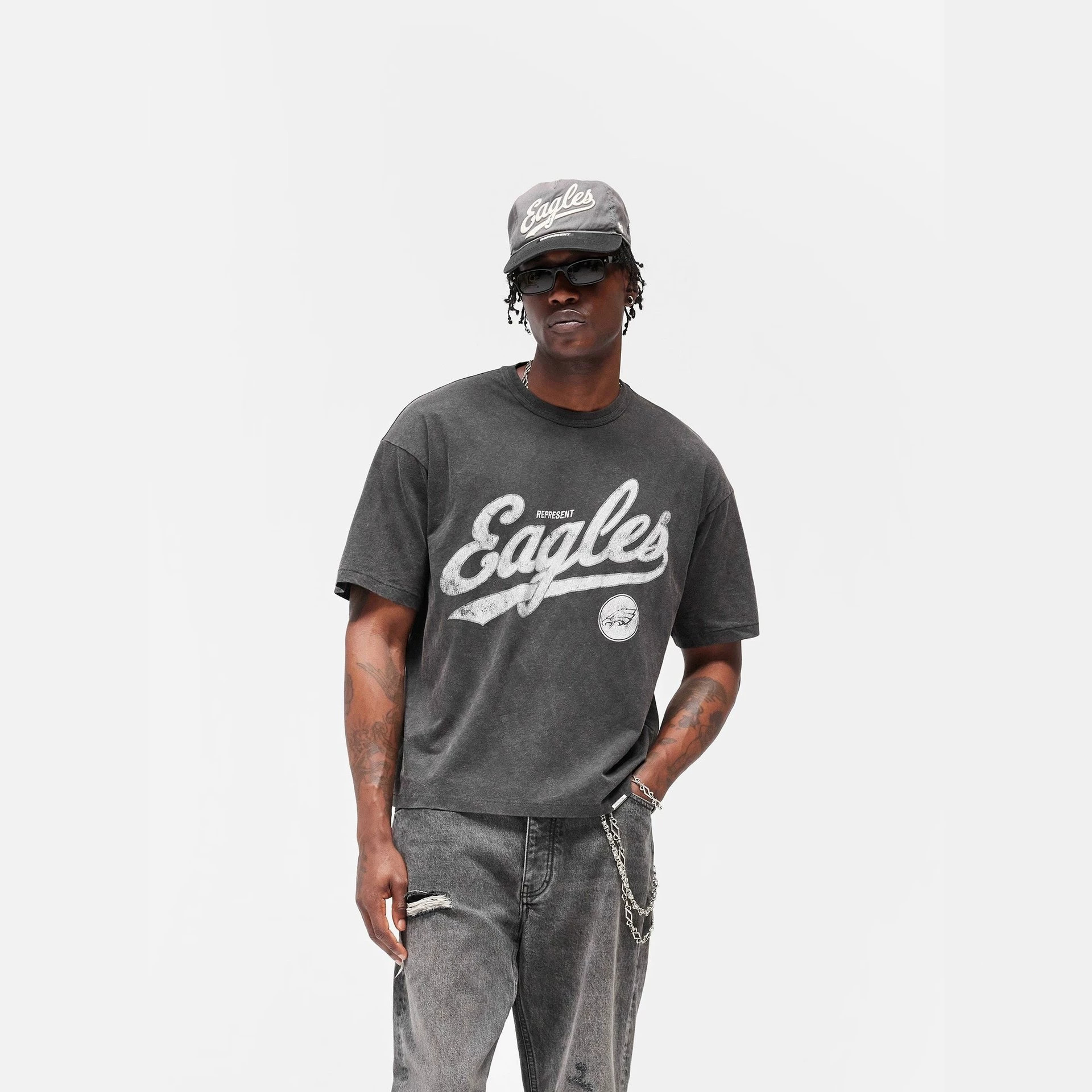 Represent Ss26 Collaboration Philadelphia Eagles Printed Washed Vintage Short-Sleeve T-Shirt for Men and Women Fotografie QC de pe 1688 pe Qualit.ly
