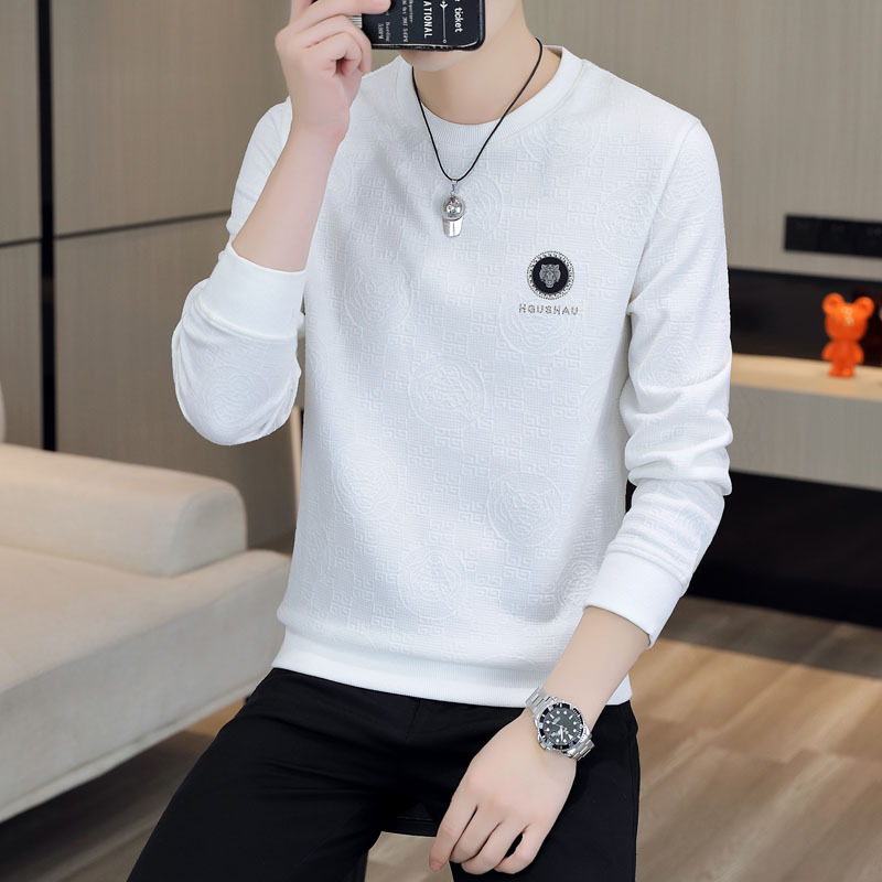 Daifa Spring and Autumn Trendy Round Neck Sweater Men's Trendy Brand Casual Hoodless Long Sleeve T-Shirt Jacquard Hot Drilling Top for Youth
