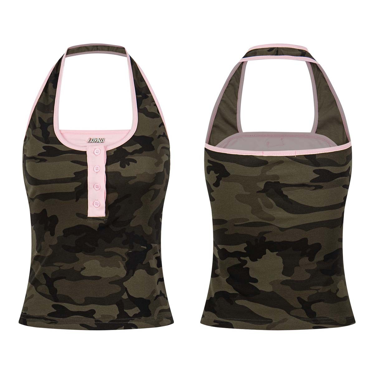 Unbdns Color-Blocking Camouflage Patchwork Pink Faux Two-Piece Halter Neck Slim-Fit Tank Top for Women, Summer Outerwear
