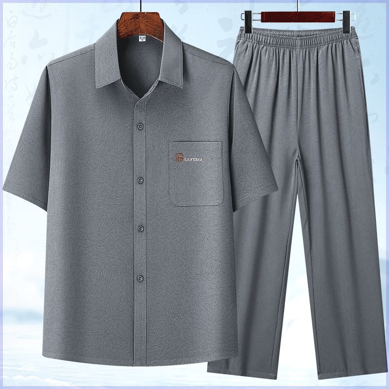 Summer Thin Men's suit Middle-aged and Elderly Short-sleeved Shirt Men's Grandpa Loose Shirt Dad Summer Two-piece Set