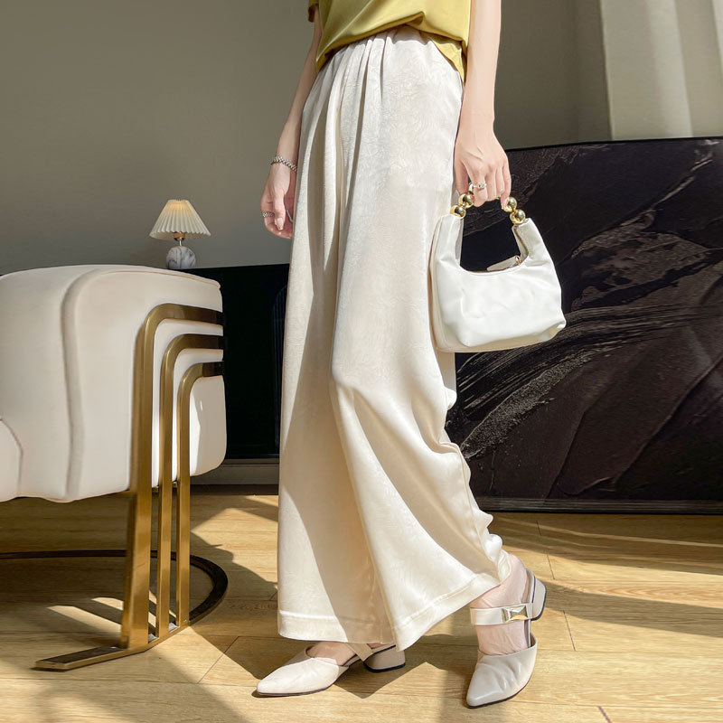 2025 Spring and Summer New Style Silky Satin Casual Pants Women's High Waist Dipping Sense Grasping Flower Elegant Grasping Flower Wide Leg Pants