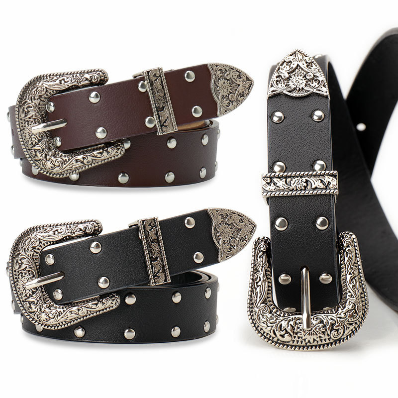 Cross-border Y2K Retro Belt Women's Fashion All-match Spice Girl Style Decorative Jeans with Double Row Rivet Women's Belt