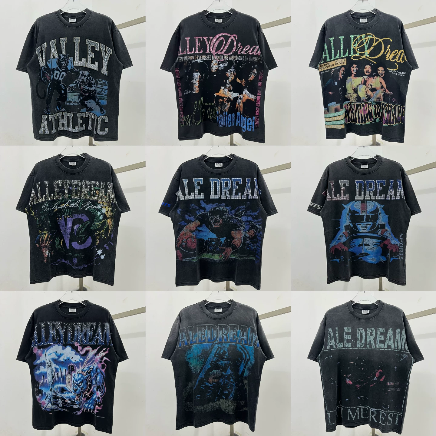 ValeForever American Street Style Hot Diamond Printed Short Sleeve T-shirt for Men and Women, Loose Retro Vintage Half Sleeve