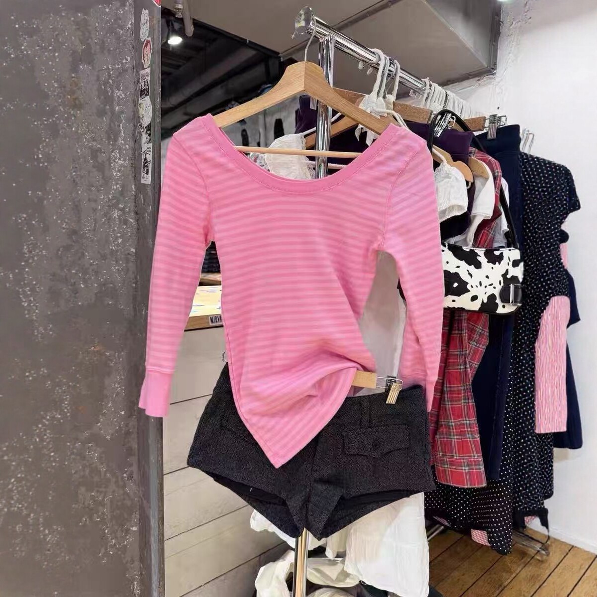 Bm Style New American Retro Large Round Neck Pink Striped Long-Sleeve T-Shirt for Women, Bm Off-Shoulder Slim-Fit Base Top for Women
