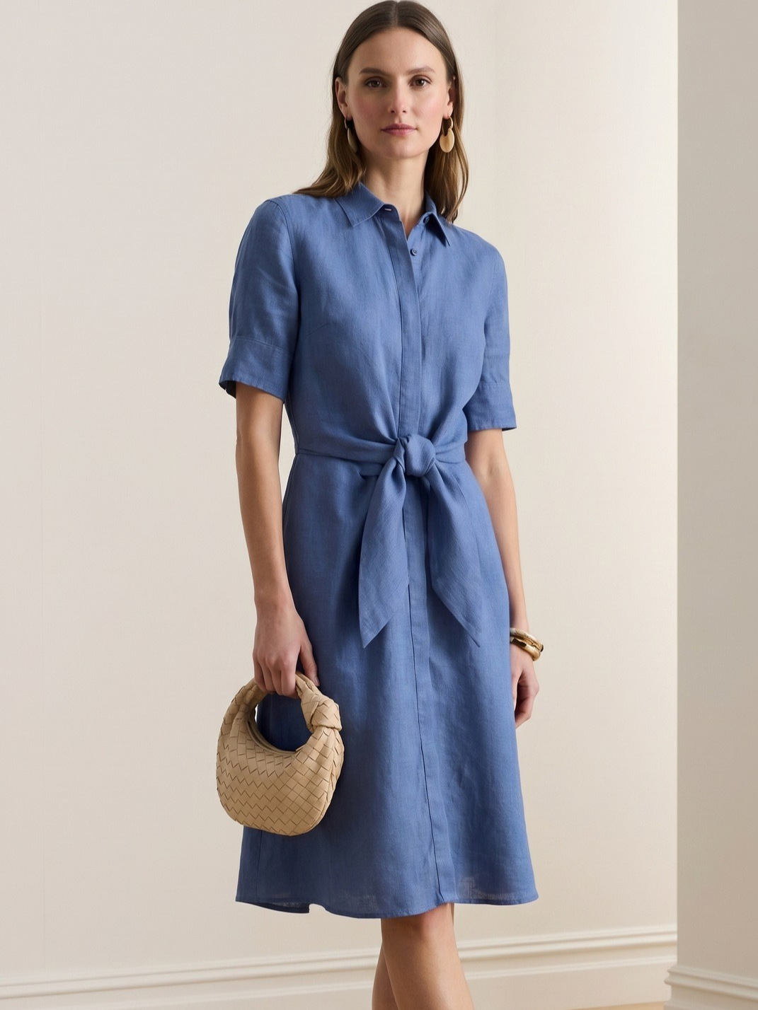 26 Spring/Summer Linen Dress Shirt-Style Tie Short Sleeve Women's Dress Thin Lapel Tie Breathable Long Dress for Women