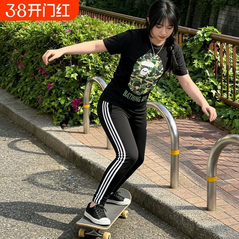 Trendy APE short sleeved T-shirt made of pure cotton, heavy-duty high version, SHARK APE ape man camouflage skateboard sports top, summer