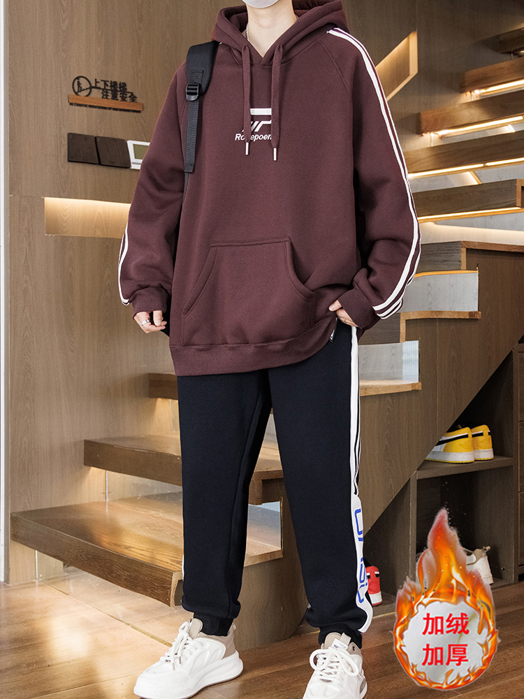Junior Senior high school Students Sports suit Boys Teenagers Lamb Velvet fleece-lined Thickened Hooded Sweatshirt Autumn and Winter