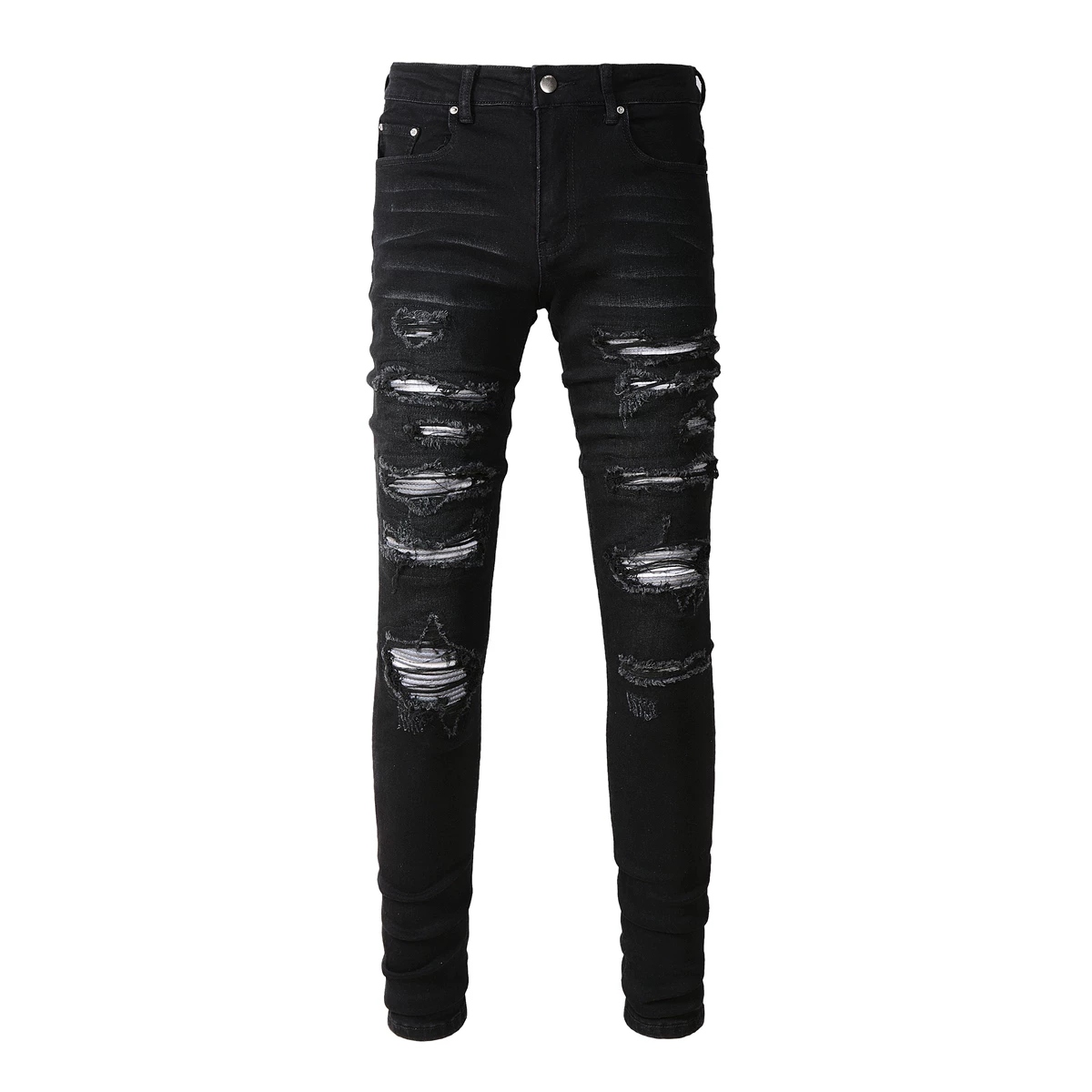 High street trendy brand AMR spring new black big hole patch jeans men's stretch slim fit and slimming smoke pipe pants