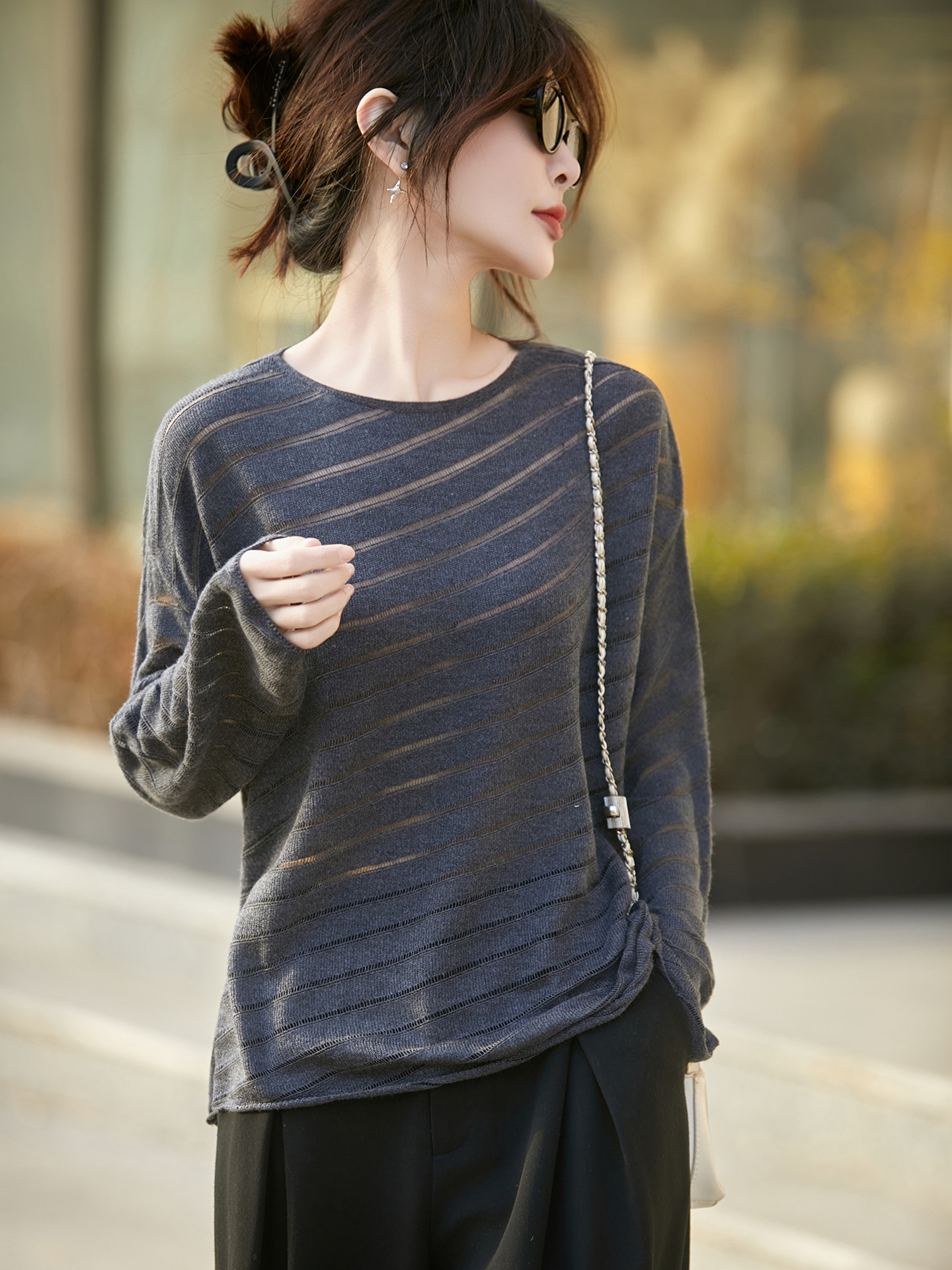 2026 Spring and Autumn New Fine Wool Round Neck Knitted Sweater Long Sleeve Women's Hollow Out Solid Color Pullover Base Shirt Top