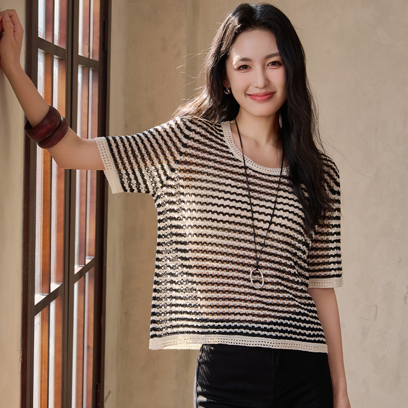 Round Neck Tencel Silk Striped T-Shirt, Loose Short-Sleeve Hollow-Out Slimming Top, Women's Silk Non-Iron Cross-Border Fashion