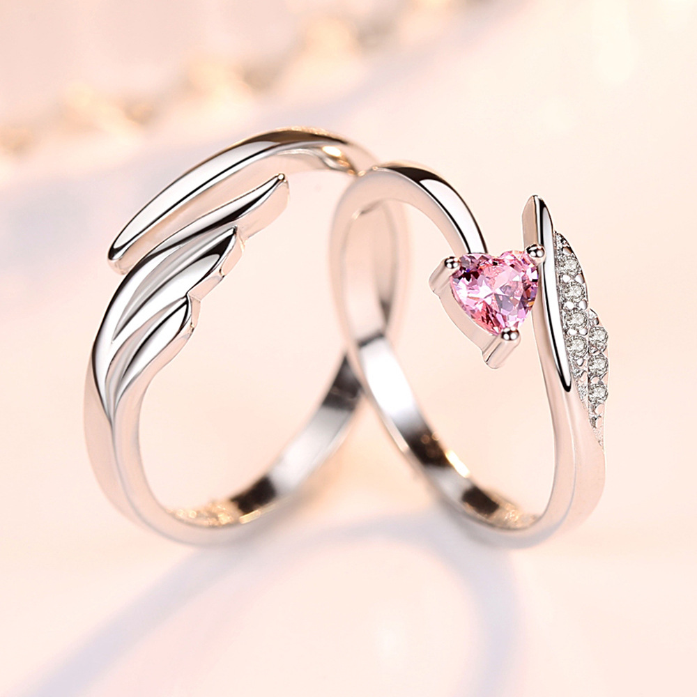 Angel Wings Couple's Ring Men's and Women's Silver Plated Opening Ring Wings Japanese and Korean Tanabata Valentine's Day Gift Ring