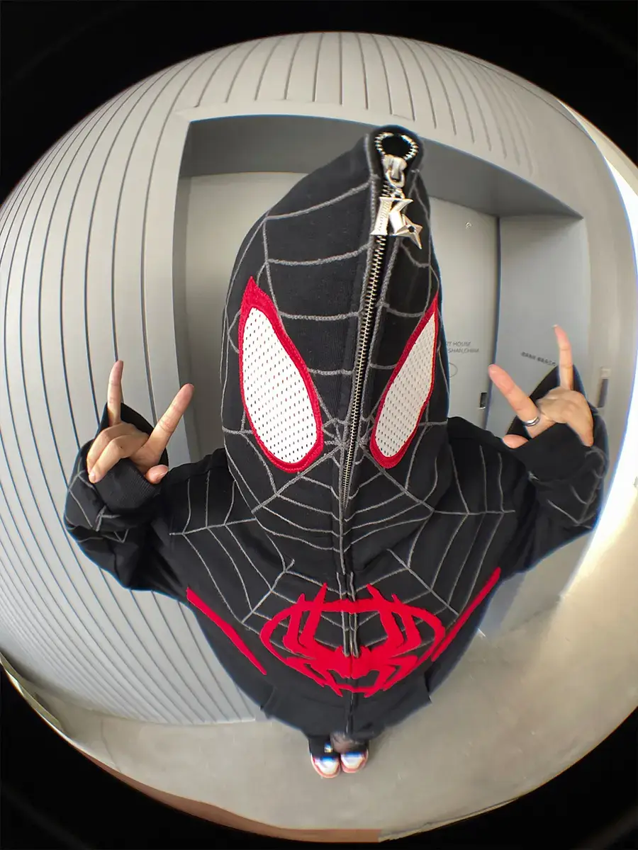 Kakazzy Street Ins letter Spider-Man Miles Cardigan Hooded Sweatshirt Trendy Oversize Outwear