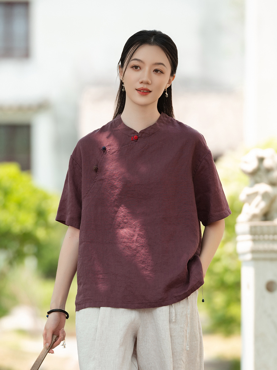 26 Summer Cotton and Linen Women's Clothing Chinese Style Retro Asymmetrical Collar Color-Block Button Pullover Top Tea Dress Women's High-End Linen Shirt