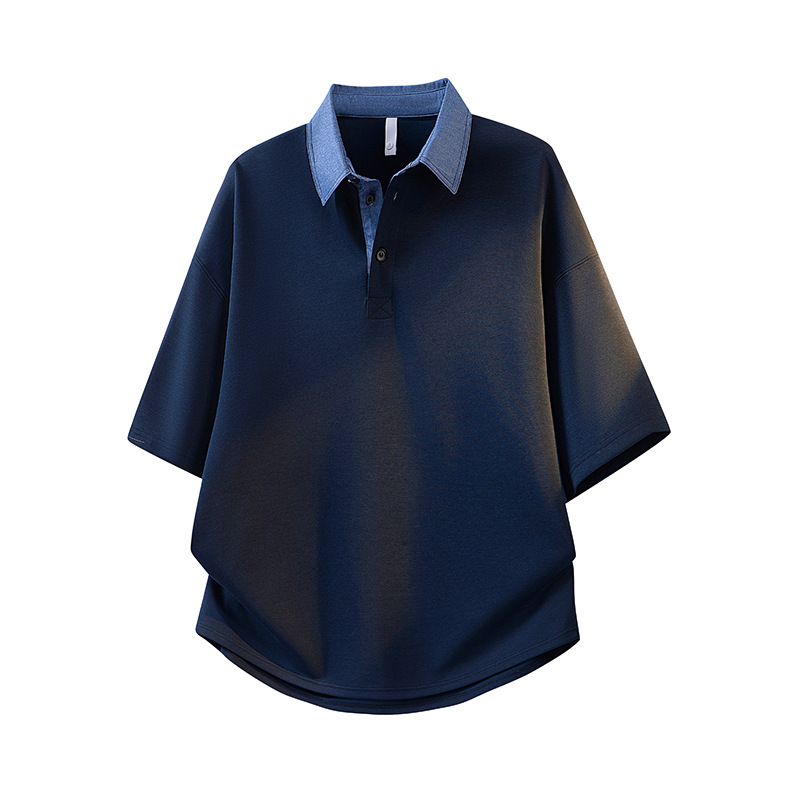 Polo Shirt with Contrasting Denim Collar T-Shirt for Men, New Summer Style, Heavyweight Oversized Loose Fit, Large Size Short-Sleeve Men's