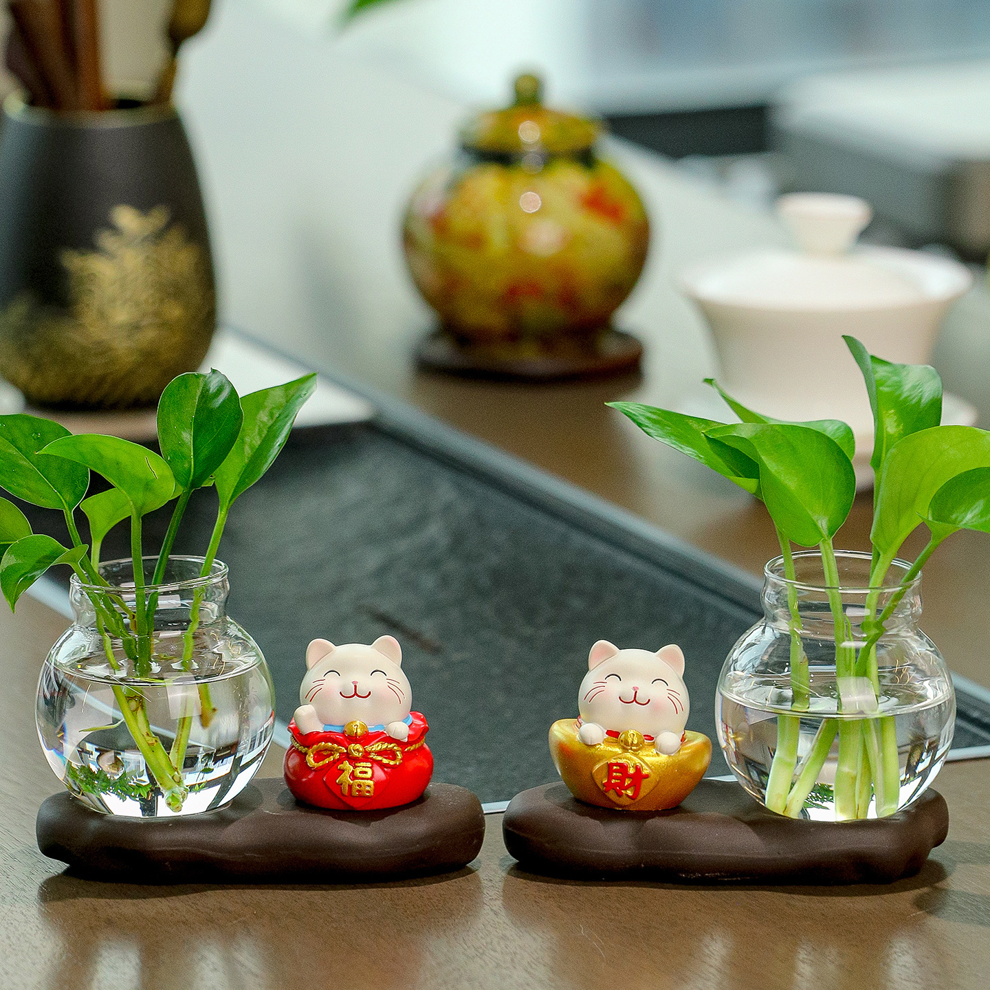 Office Hydroponic Pothos Vase Desktop Hydroponic Small Ornaments Cute Lucky Cat Living Room Tv Cabinet Decorative Flower Holder