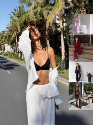 2025 Cross-Border Shirt and Pants Set European and American Spring and Summer New Style Loose Long-Sleeve Shirt Casual Set for Women