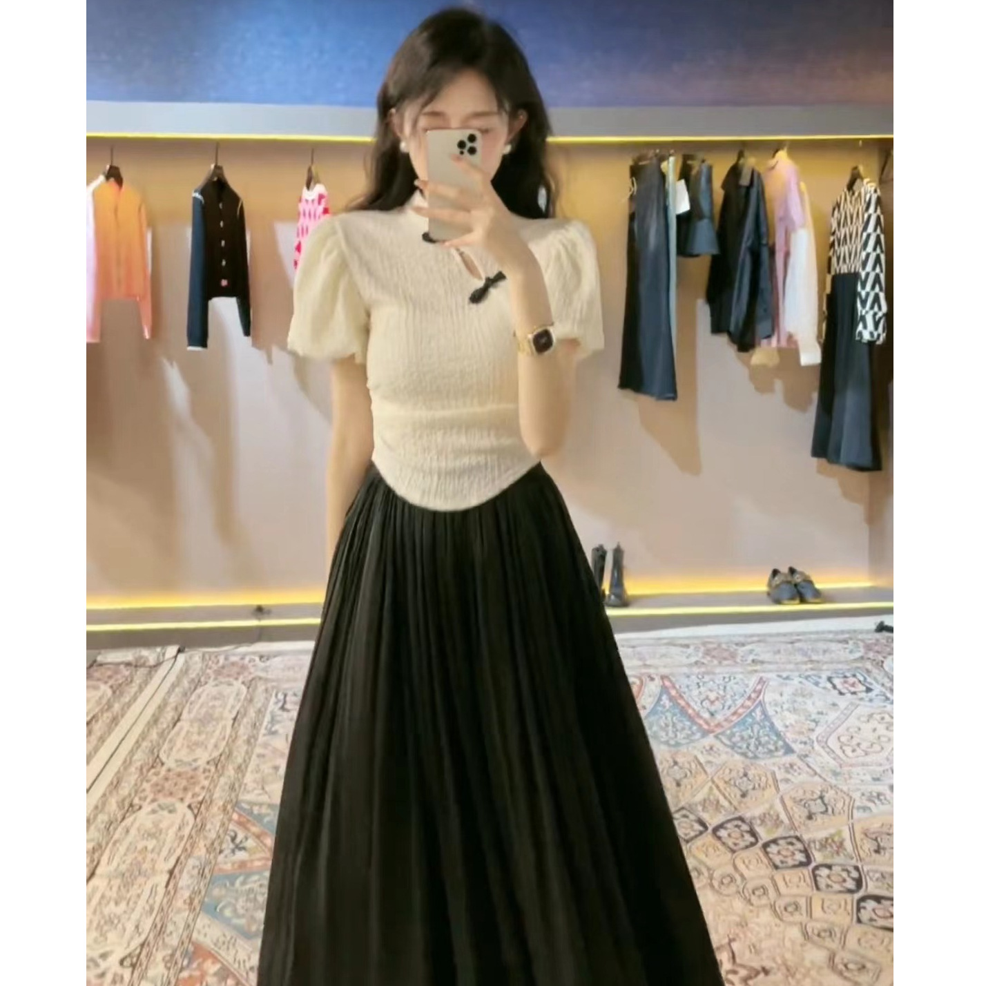 2026 Chinese Style Design Button-Up Top for Women, New Summer Model with Puff Sleeves, Pleated Slim Fit Retro Shirt Two-Piece Set Trendy