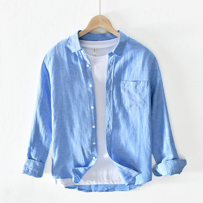 721 729 Japanese Simple Solid Color Shirt Men's Casual Cotton and Linen Loose Long Sleeve Shirt Men's Hair