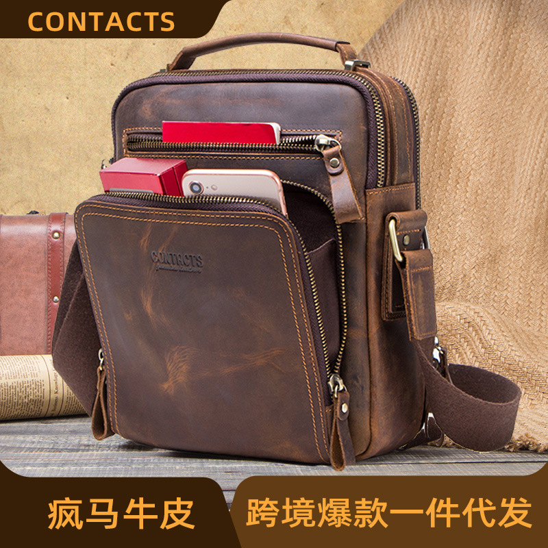 Black Angel retro Crazy Horse cowhide men's messenger bag multi-functional casual men's dual-use leather portable shoulder bag