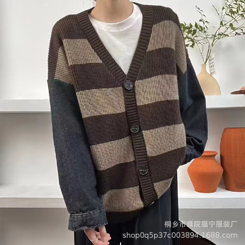 Autumn and Winter New Lazy Style Denim Sleeve Stitching Striped Sweater Jacket Loose Outer Match Color Matching Sweater Women's Cardigan