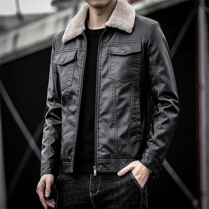 New Leather Men's Fur One-piece PU Leather Jacket Motorcycle Lapel Men's Fleece-lined Thickened Leather Korean Style Slim-fit