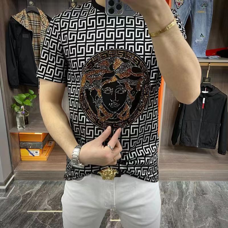 Summer New Mercerized Cotton Short Sleeve Men's Heavy Industry Hot Drilling Medusa Slim-Fit Cool Fashion Trendy Shirt Free Shipping
