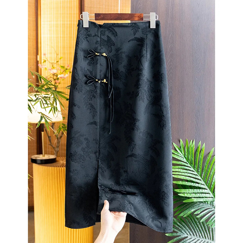 Jacquard Skirt for Women Spring and Summer New Style Retro Chinese Style Beaded Disc Buckle High Waist Slit Hip Skirt