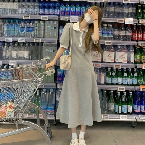 Summer 2024 New Korean style waist slimming bow elegant square collar A- line bubble short sleeve dress women's clothing