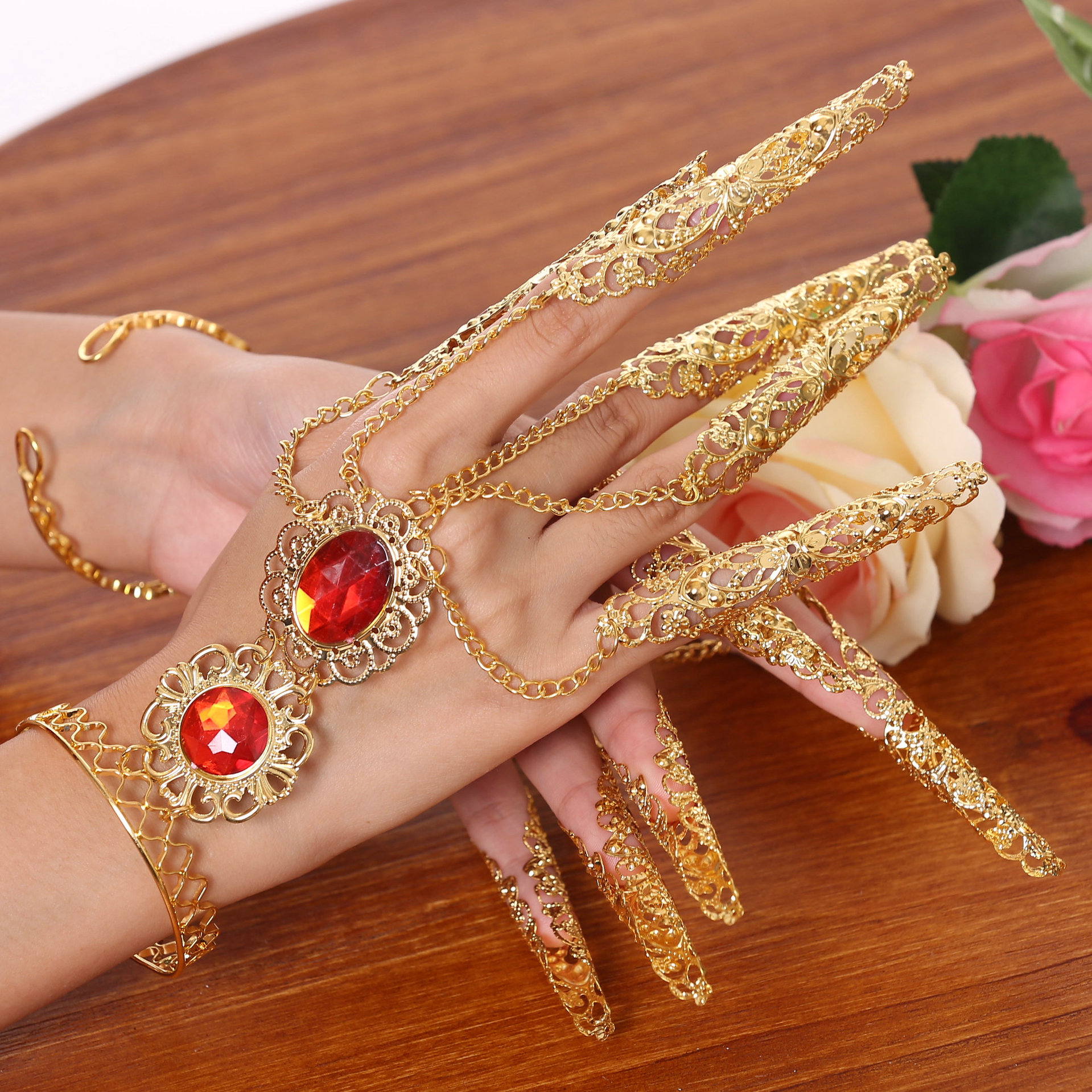 Indian Dance Performance Suit Xinjiang Dance Ethnic Style Dance Performance Suit Jewelry Upgrade Lengthened Thousand-Hand Guanyin Nail Set