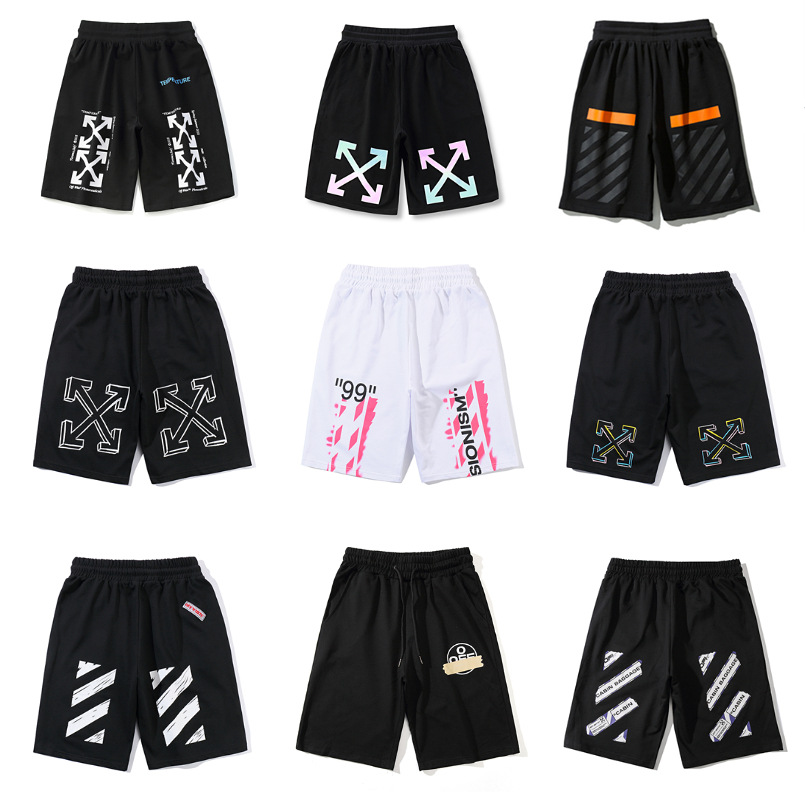 Summer Trendy Off-White Tape Graffiti Arrow Shorts Five-Point Pants Unisex Ow Couple Beach Casual Sweatpants