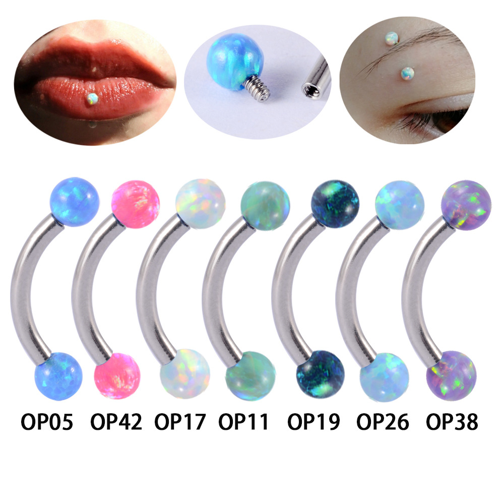 Cross-border Opal Nose Nail Stainless Steel Opal Earring Nail Ear Bone Nail Round Bead Curved Umbilical Nail European and American Piercing Lip Ring