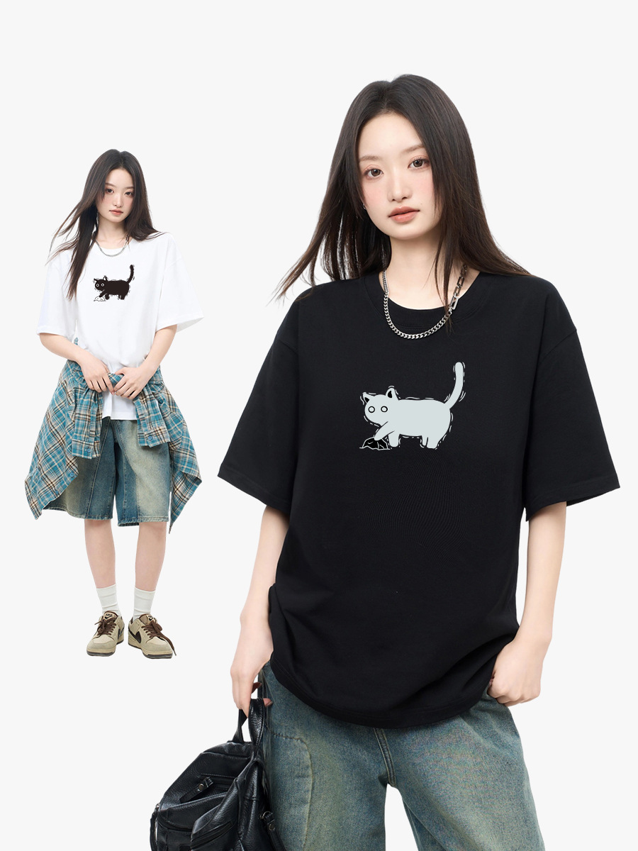 Short-sleeved T-shirt Men's Summer Cotton Loose T-shirt Top Women's 2023 New Casual Printed Niche Clothes