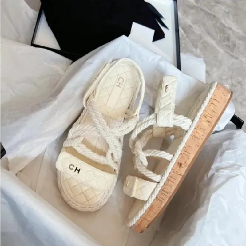 in stock Summer New Style Hemp Rope Chanel Style Velcro Sandals for Women's Outer Wear Plaid Platform Platform Open Toe Roman Sandals